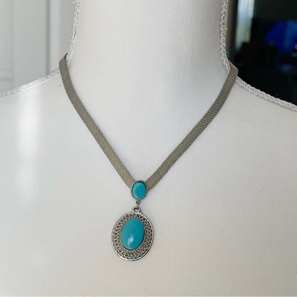 VTG | PARK LANE Silver Tone Mesh necklace with Faus Oval Turquoise 16-17” - Picture 9 of 9